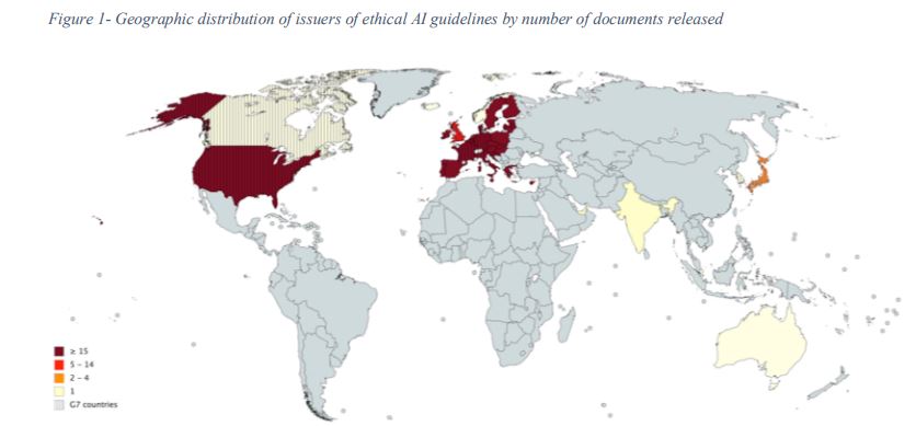 Figura 4: Distribución geográfica de países que han creado directrices éticas para IA (Ampliar)