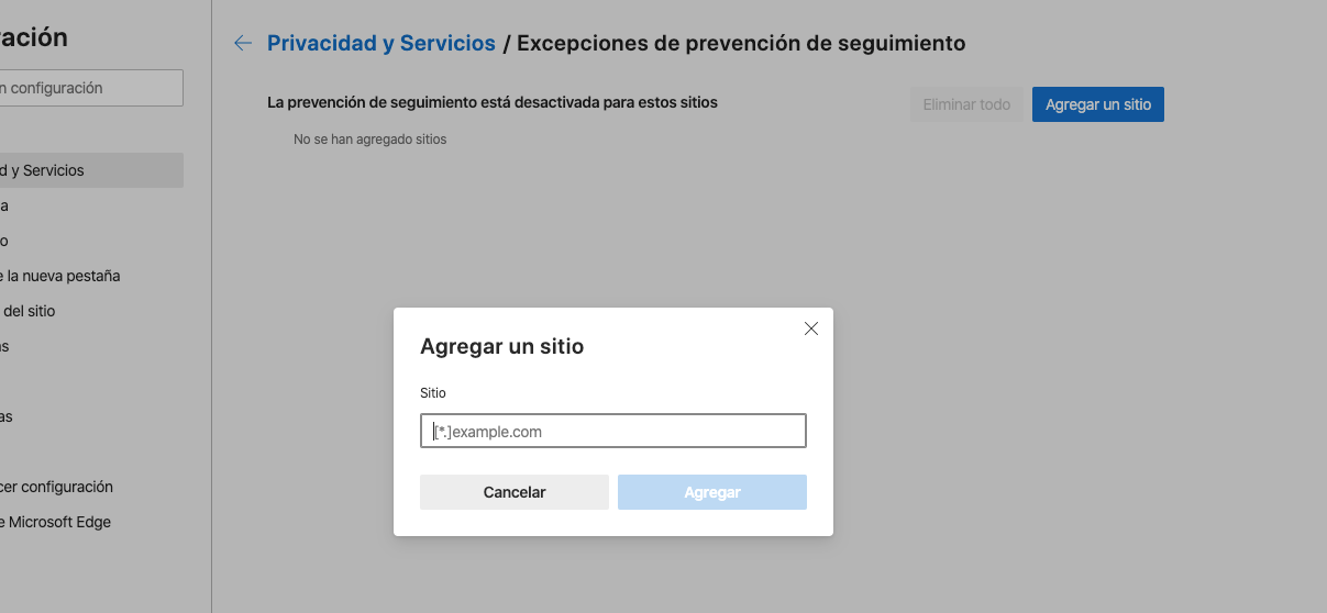 Agregar sitio a lista de exclusión en Edge
