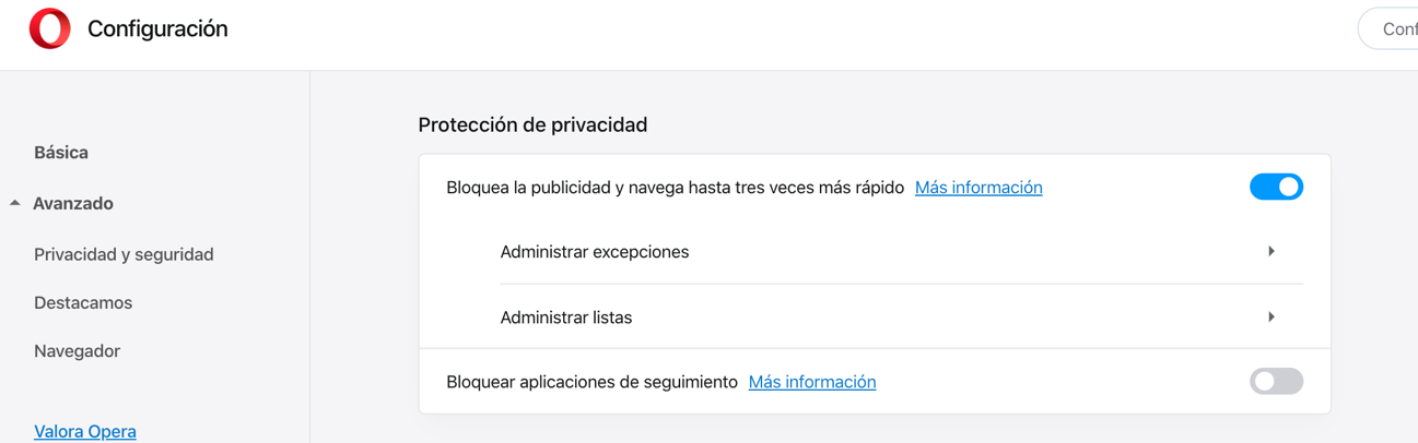 Configuración cookies en Opera