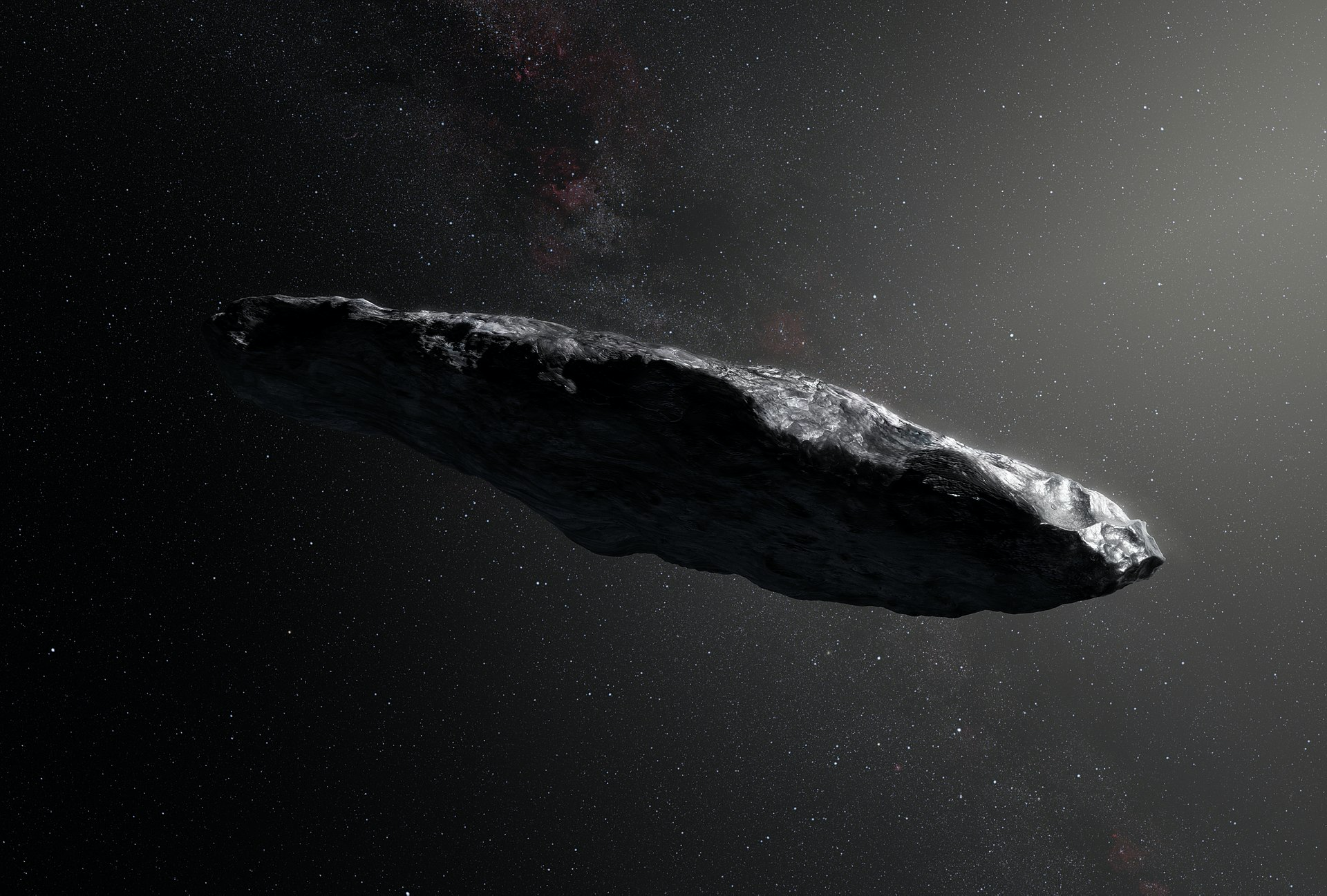 Figura 2. Representación artística de Oumuamua. Fuente, Wikipedia.