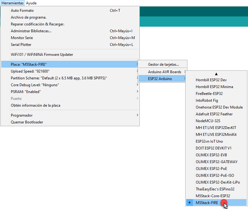 Figura 6. Elección de modelo de microcontrolador elegido para nuestra PoC desde Arduino IDE 