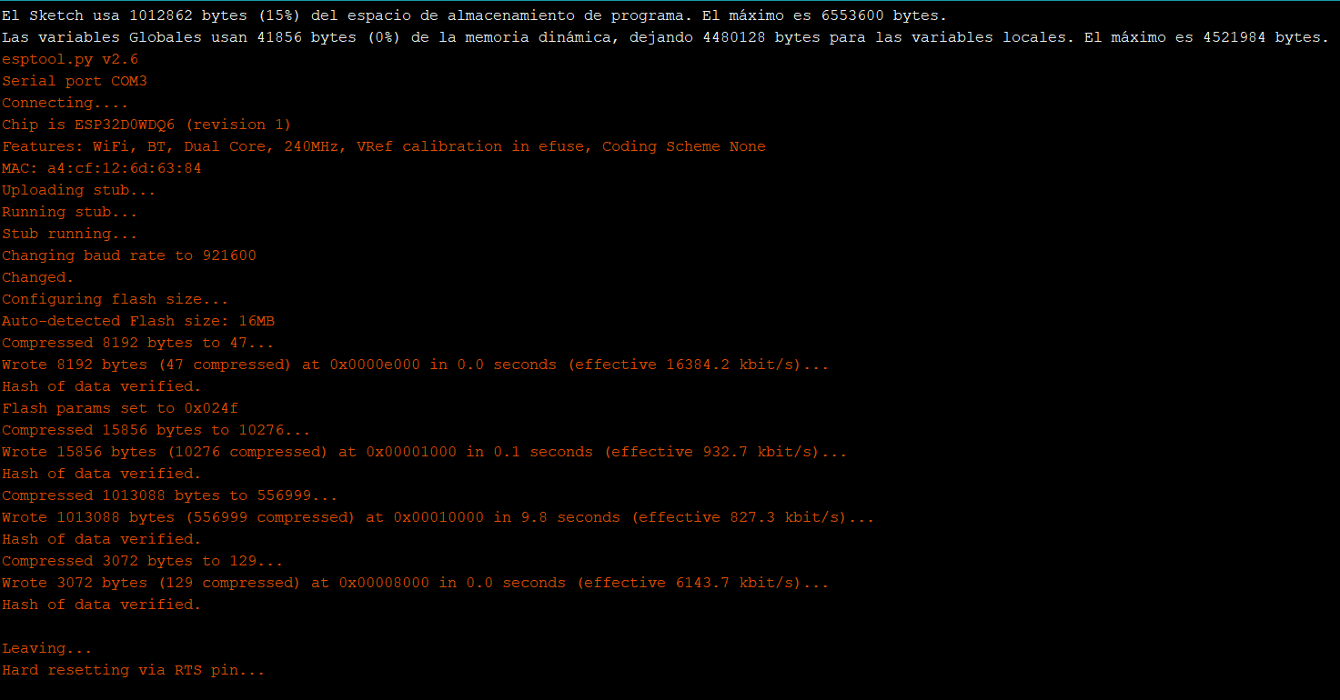 Figura 7. Trazas de correcta escritura (flashing) de boceto en M5Stack Fire desde Arduino IDE