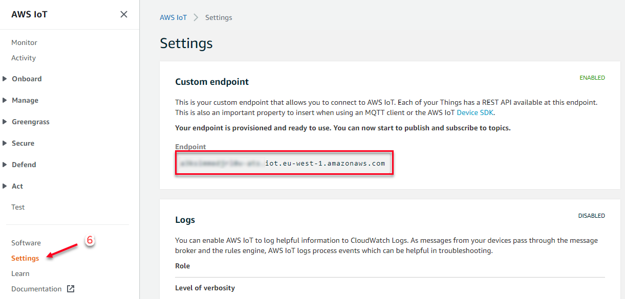 Figura 5. Endpoint MQTT necesario para la interconexión IoT Cloud 