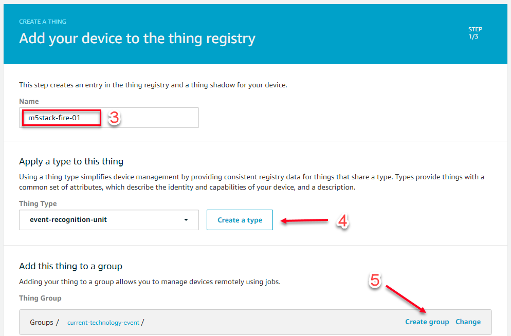 Figura 3. Definición de nombre de dispositivo, tipo y grupo de cosas