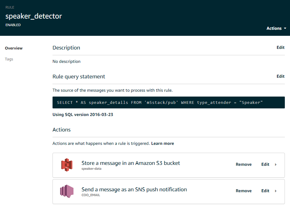 Figura 11. Características de regla AWS IoT adicional de detección de registro de speaker.