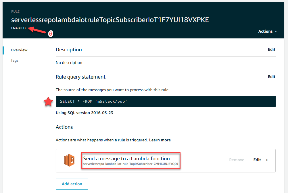 Figura 9. Configuración esperada de AWS IoT Rule para nuestro Backend Serverless.