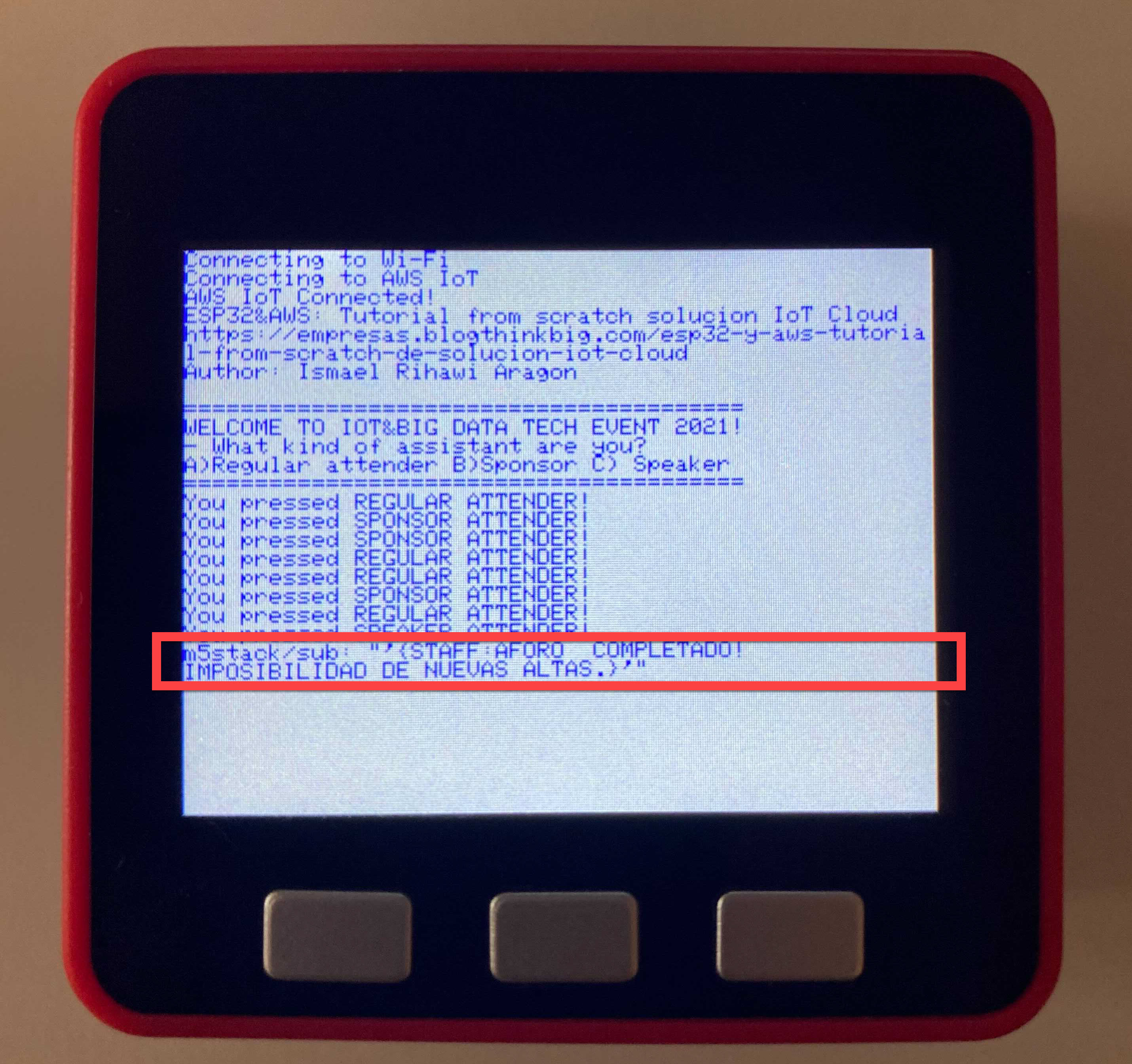 Figura 19. Mensaje emitido de organización a M5Stack avisando de una decisión en real-time