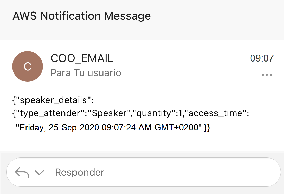 Figura 18. Notificación push avisando al COO del evento de la llegada del primer speaker.