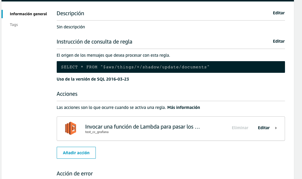 Figura 4: Regla para disparar la función Lambda