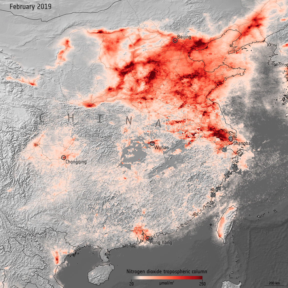 Gif: Concentración de dióxido de nitrógeno sobre China (ESA (CC BY-SA 3.0 IGO) )