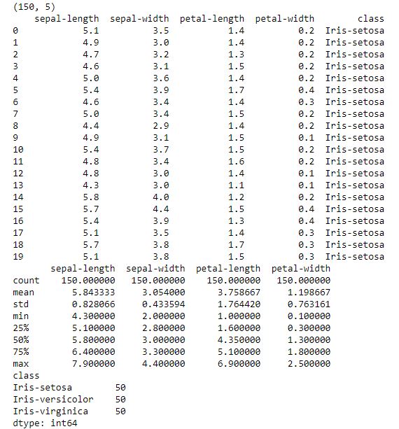 Resultados de aplicar los comandos de exploración del dataset.