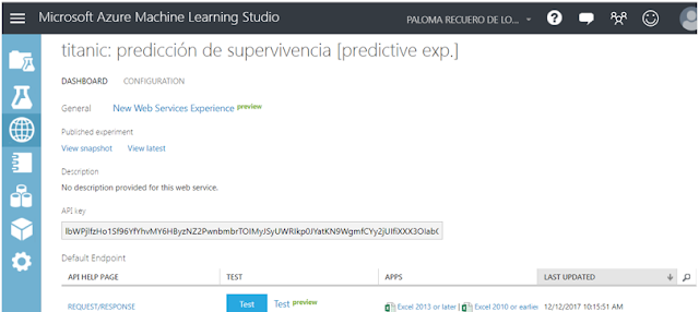 Figura 6: Consola web services en Azure ML Studio.