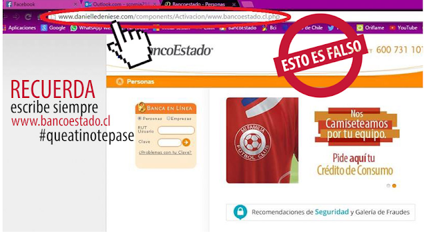 Sitio web falso que simula ser un Banco Estado imagen