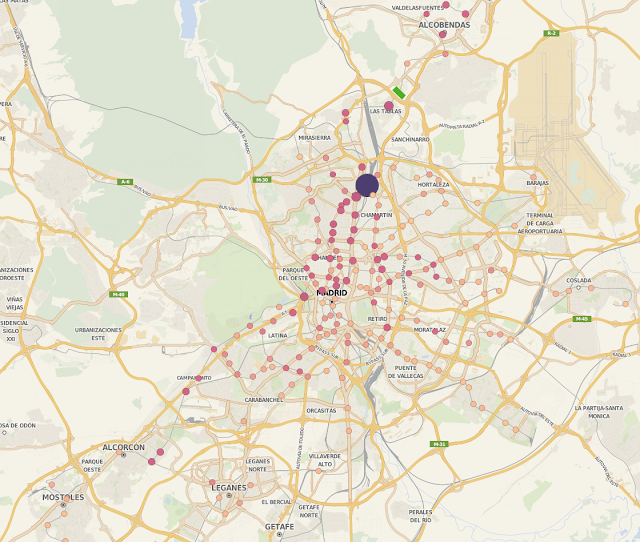 Demanda de uso de las estaciones de metro, mayor a mayor tamaÃ±o y color mÃ¡s oscuro.