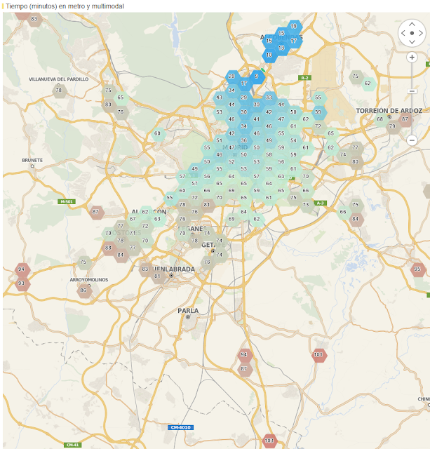Tiempo de desplazamiento en minutos, metro y multimodal.