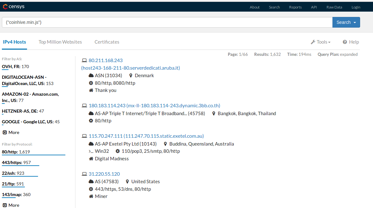 Imagen resultados identificados en censys.io que incluyen una referencia a la cadena de texto de «coinhive.min.js»