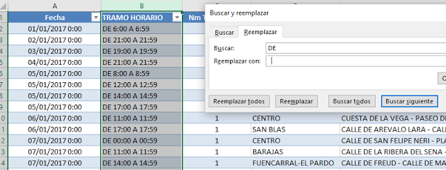 table showing search replace function on excel