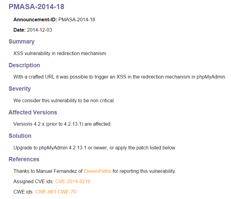PhpMyAdmin fixes a XSS detected by ElevenPaths (CVE-2014-9219)