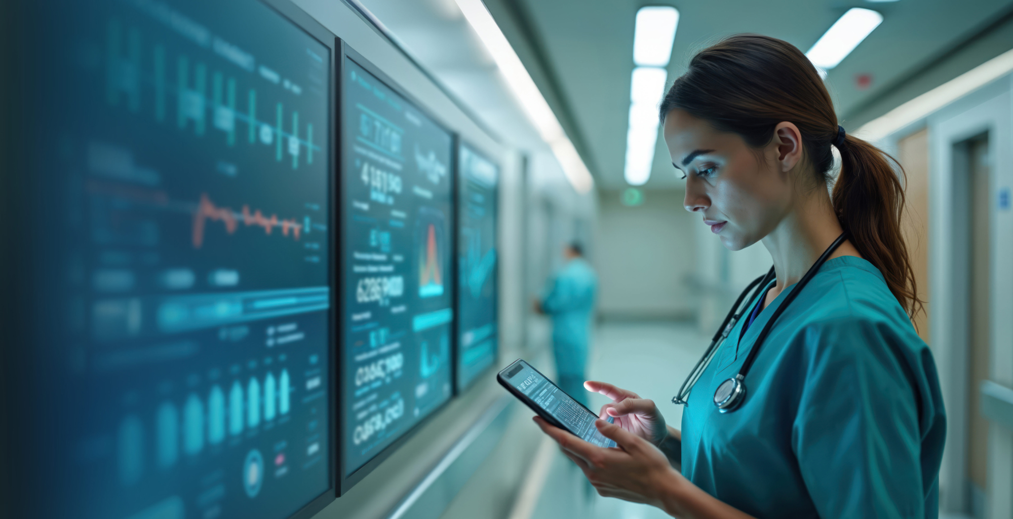 Imagen de Telefónica Tech donde una profesional sanitaria consulta una tablet frente a paneles digitales con datos clínicos en un espacio de datos sanitario.
